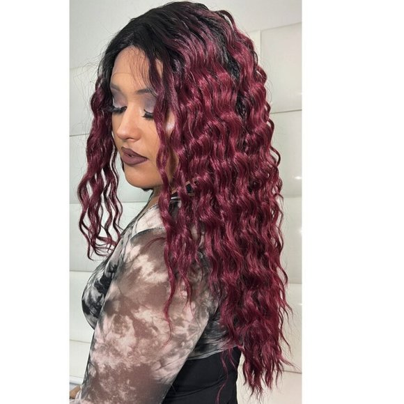 BURGUNDY Lace Front Wig - DARK RED Hair - Long Curly Wig SENSATIONNEL DASHLY - Picture 3 of 11
